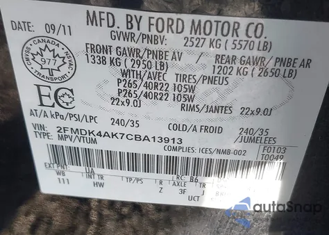 2012 Ford Edge Sport from USA, damaged, VIN 2FMDK4AK7CBA13913